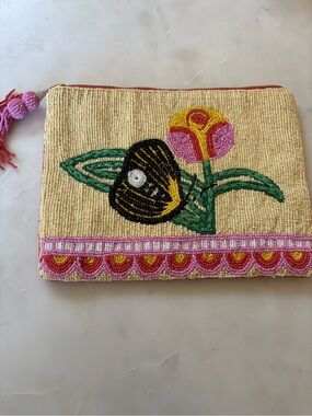 Anissa x Anthropologie Beaded Floral Wristlet in Cream, Pink and Green